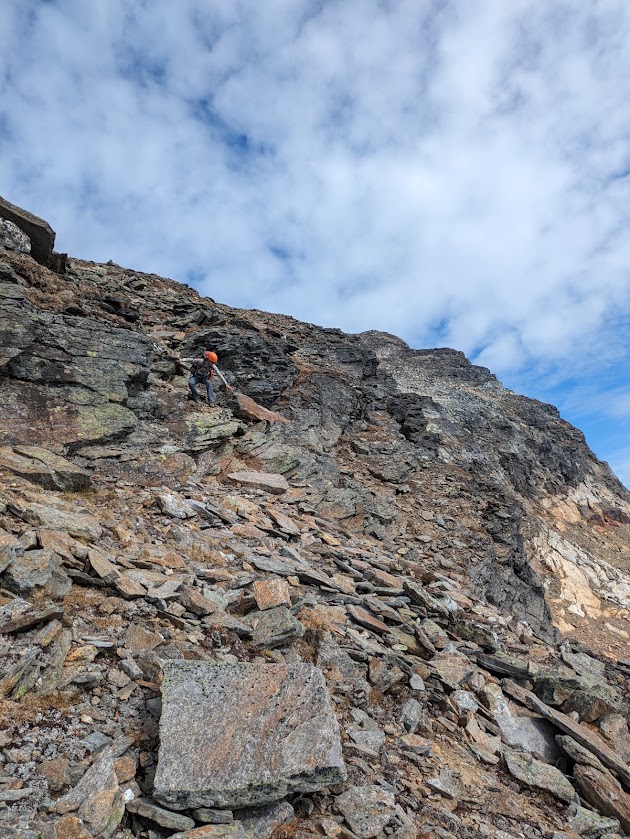 Loose rock underfoot in the gully